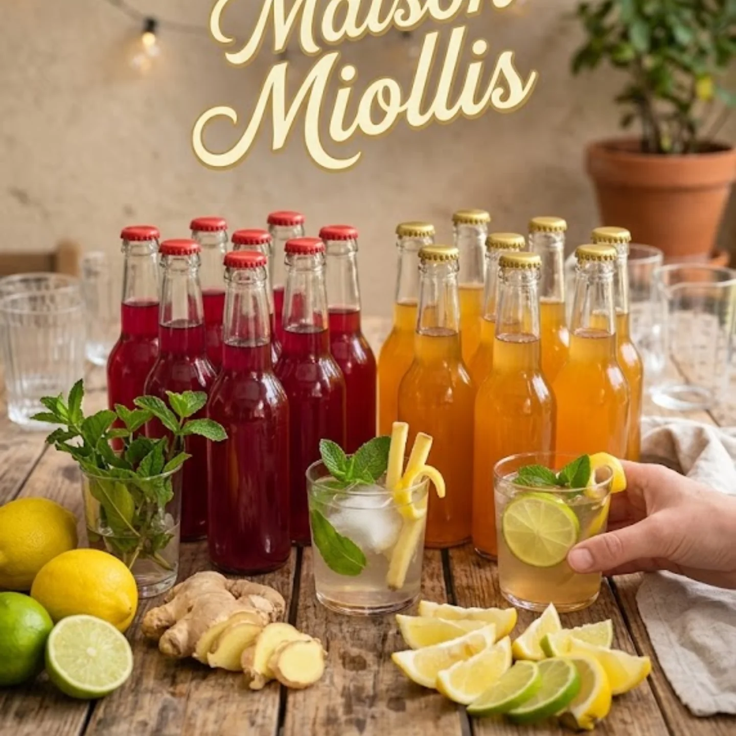 Table dressée de bouteilles colorées, agrumes et verres d’infusion Maison Miollis.